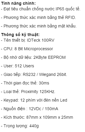 Thiết bị kiểm soát ra vào bằng thẻ từ IDTeck 100RV