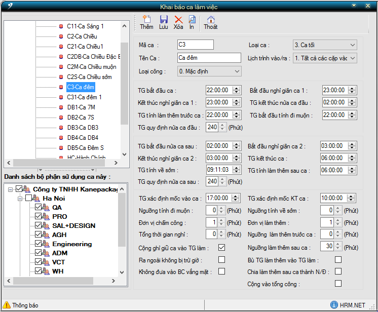 Khai báo ca làm việc trong phần mềm nhân sư HR-ERP