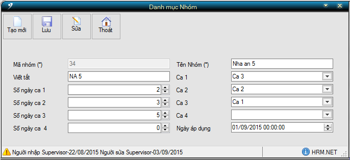 Khai báo nhóm làm việc trong phần mềm nhân sự HR-ERP